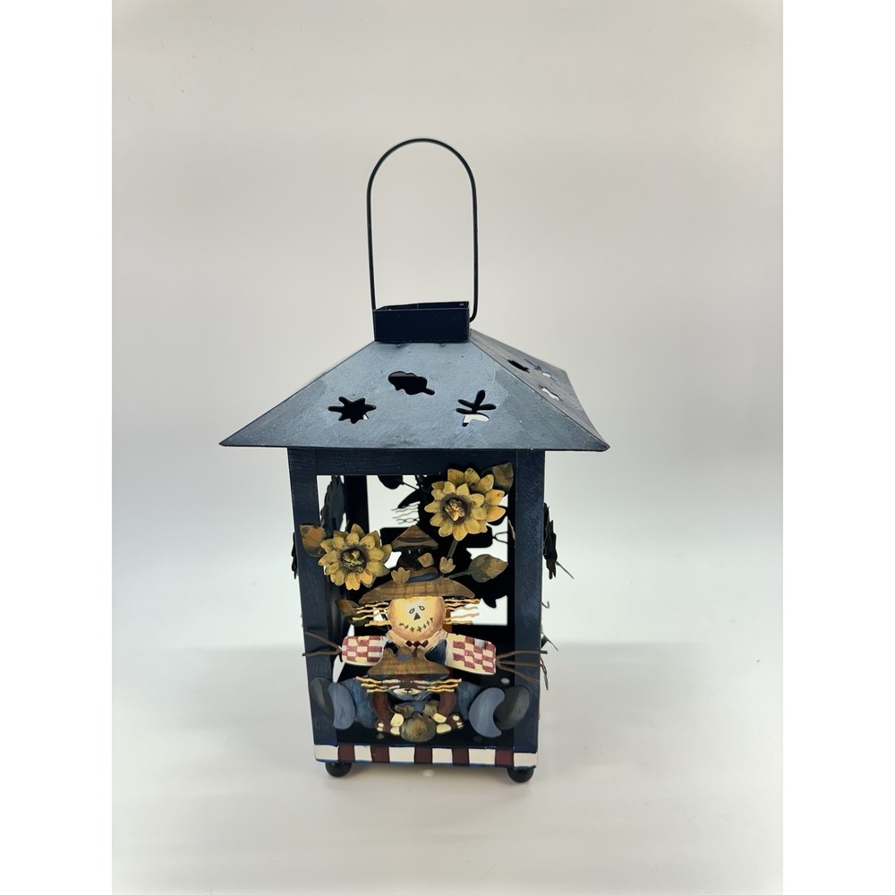 Laurie Korsgaden Fall Scarecrow Pumpkin Metal Lantern Candle Holder Folk Art
